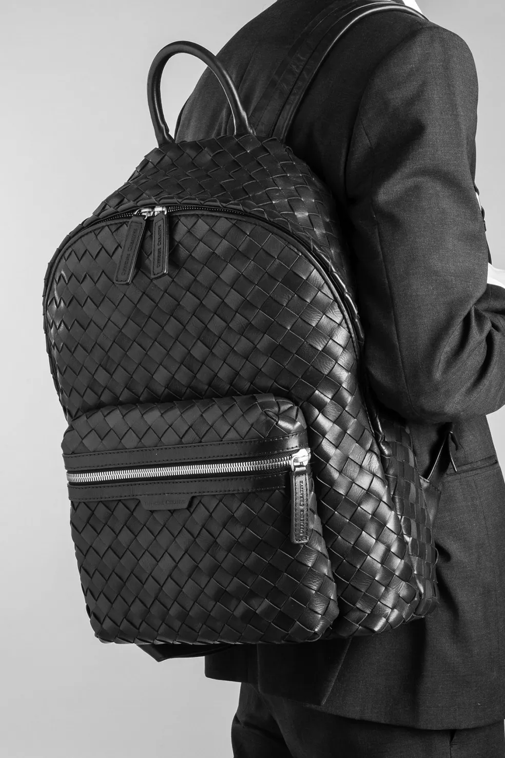 Clearance Officine Creative ARMOR 04 - Woven Leather Backpack BLACK