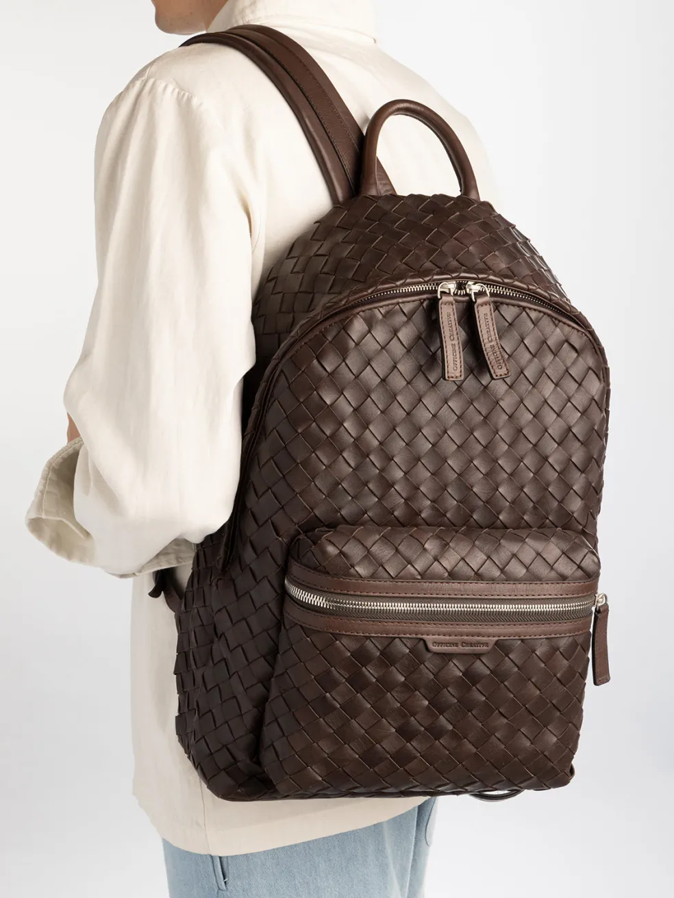 Best Officine Creative ARMOR 04 - Brown Woven Leather Backpack COFFEE