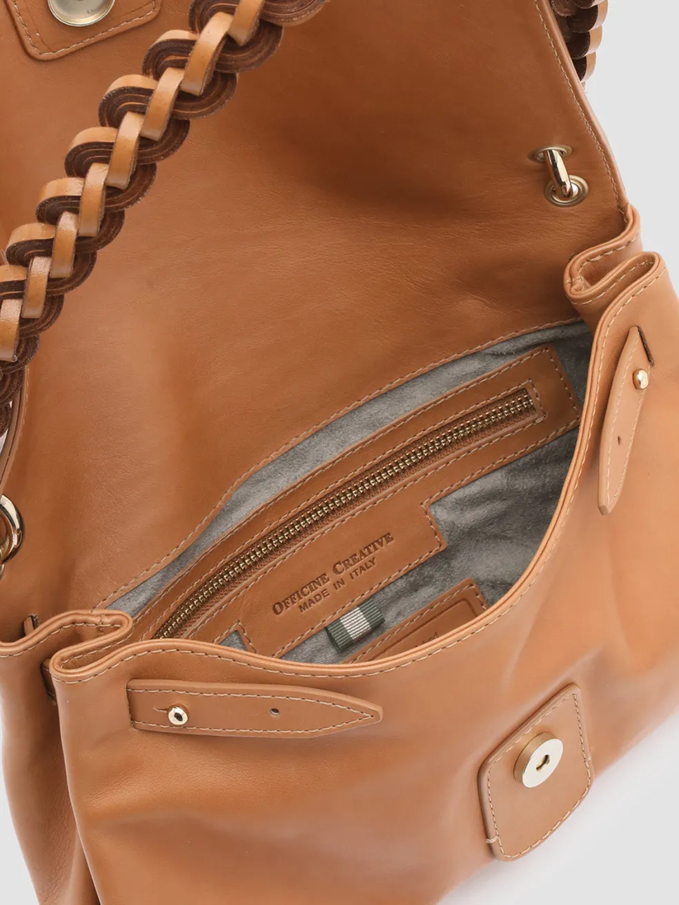 Hot Officine Creative NOLITA WOVEN 212 - Brown Nappa Leather Shoulder Bag BUTTER SCOTCH