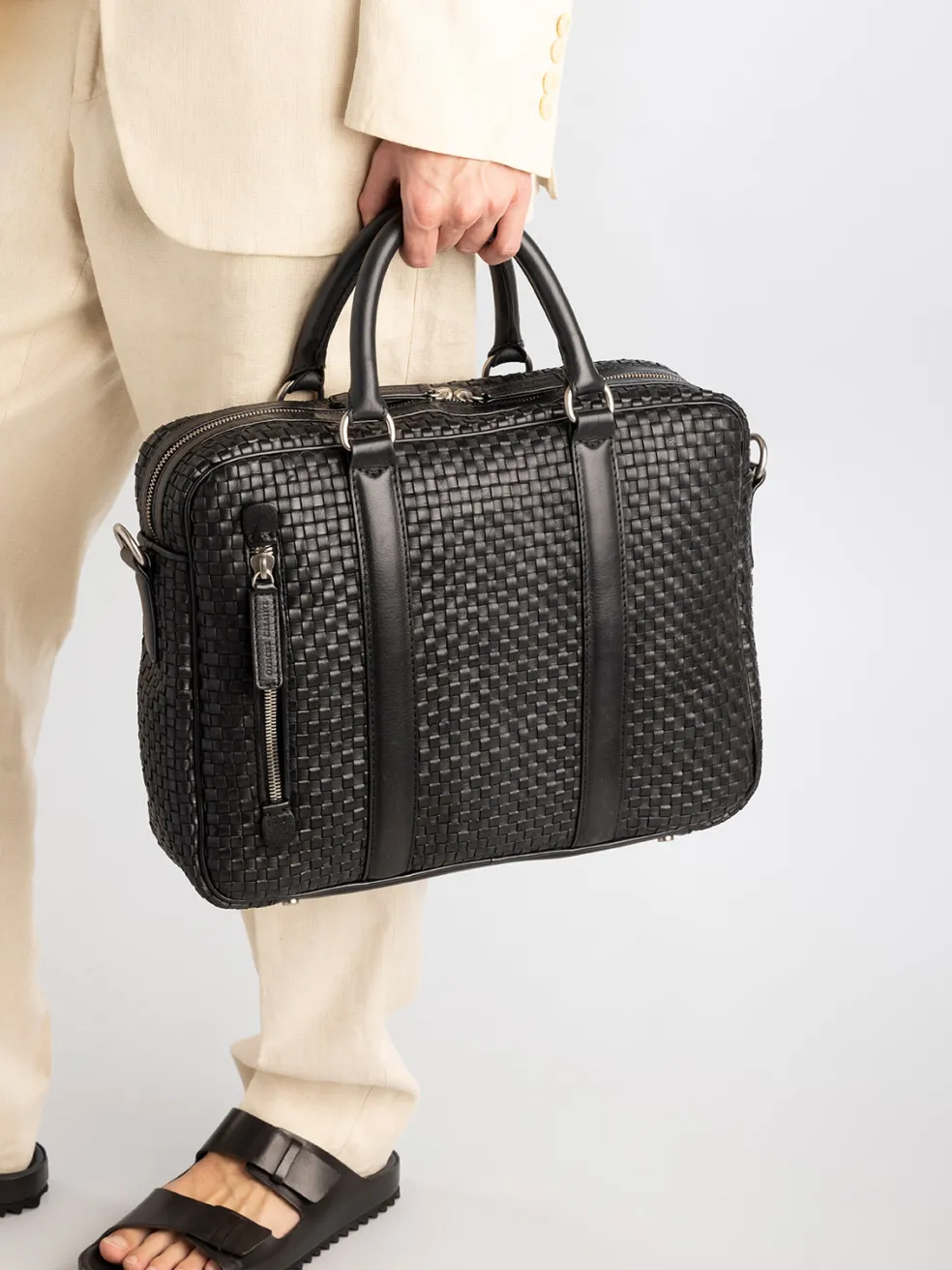 Online Officine Creative QUENTIN 110 - Woven Leather Briefcase BLACK